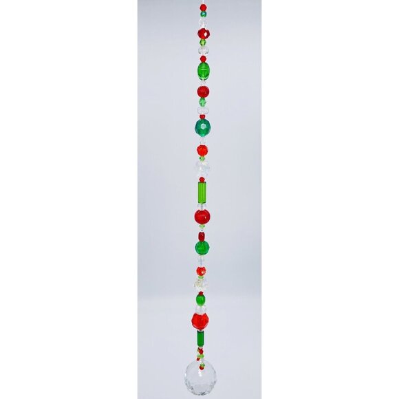 Beaded Christmas Suncatcher Red Green Clear Crystal Prism Hanging Patio Decor - Picture 2 of 10